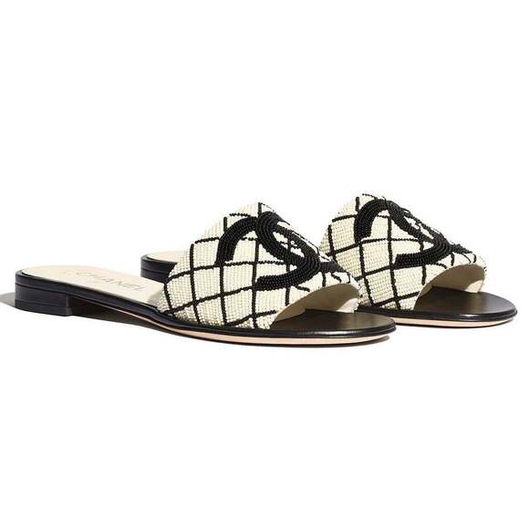 Chanel 20P Black White Pearl Embroidery CC Logo Slide Slip Sandal Mule Flat 35 - Picture 1 of 9